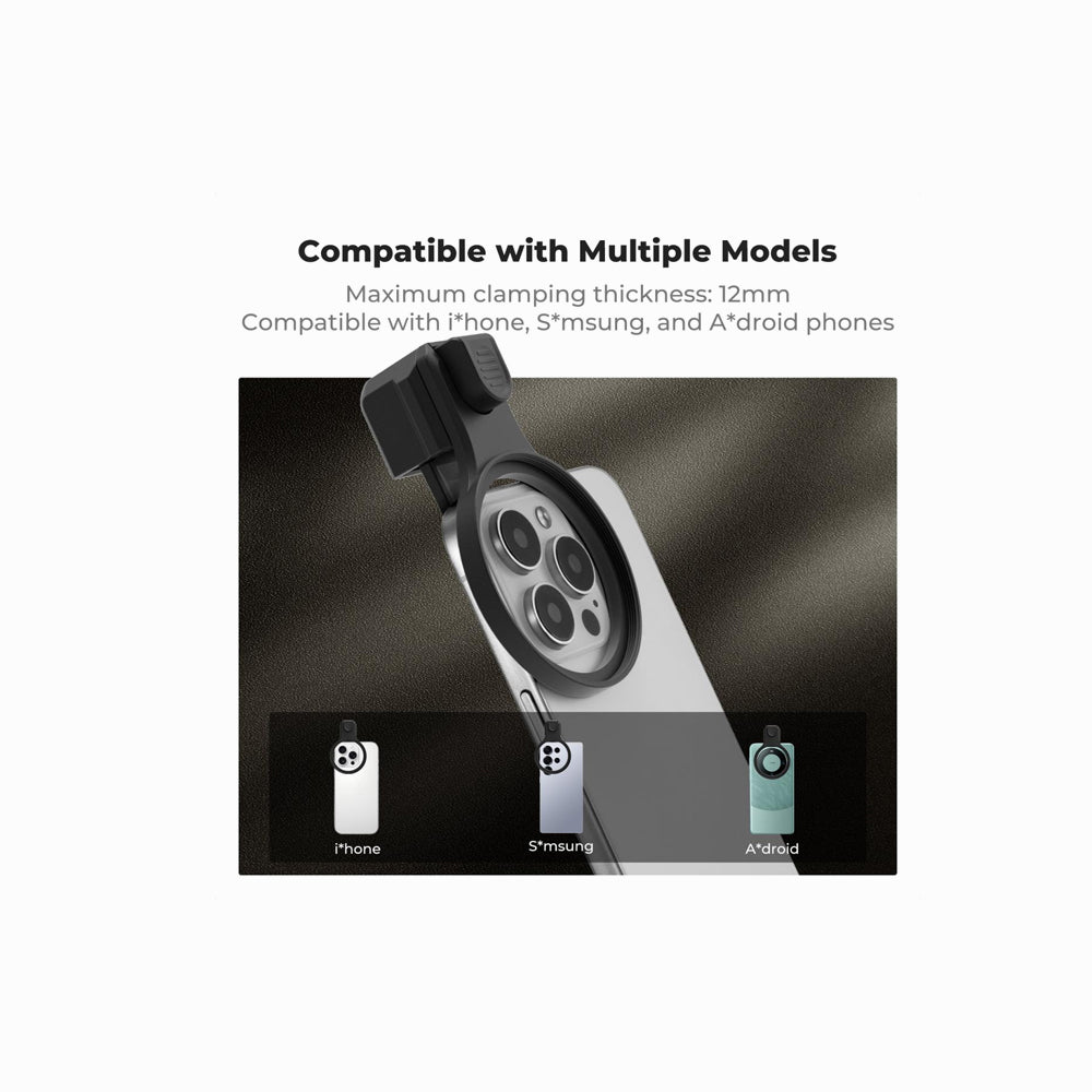 A smartphone accessory shown on a dark gradient background with text reading 'Compatible with Multiple Models' and smaller text about maximum clamping thickness and compatibility with iPhone, S-Plus, and Android phones. Three small phone mockups appear along the bottom.