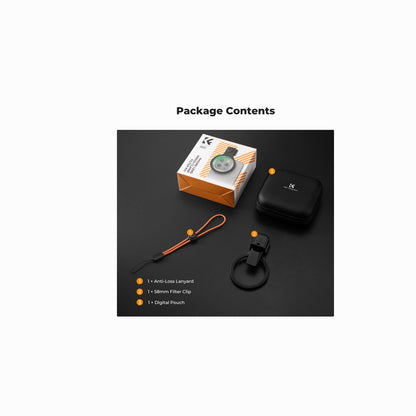 Package contents layout on a dark background showing a small round watch, an orange-and-white product box, a black case, a black clip, and an orange-and-black lanyard, with the heading 'Package Contents' above and a list of included items below.