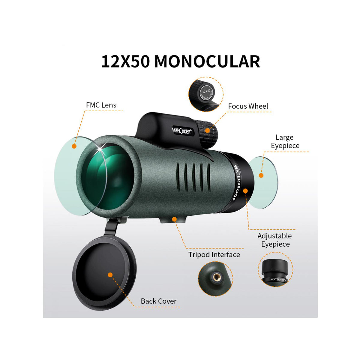 K&F Concept 12×50 BAK4 IP68 Waterproof Monocular with Smartphone Adapter – KF33.008
