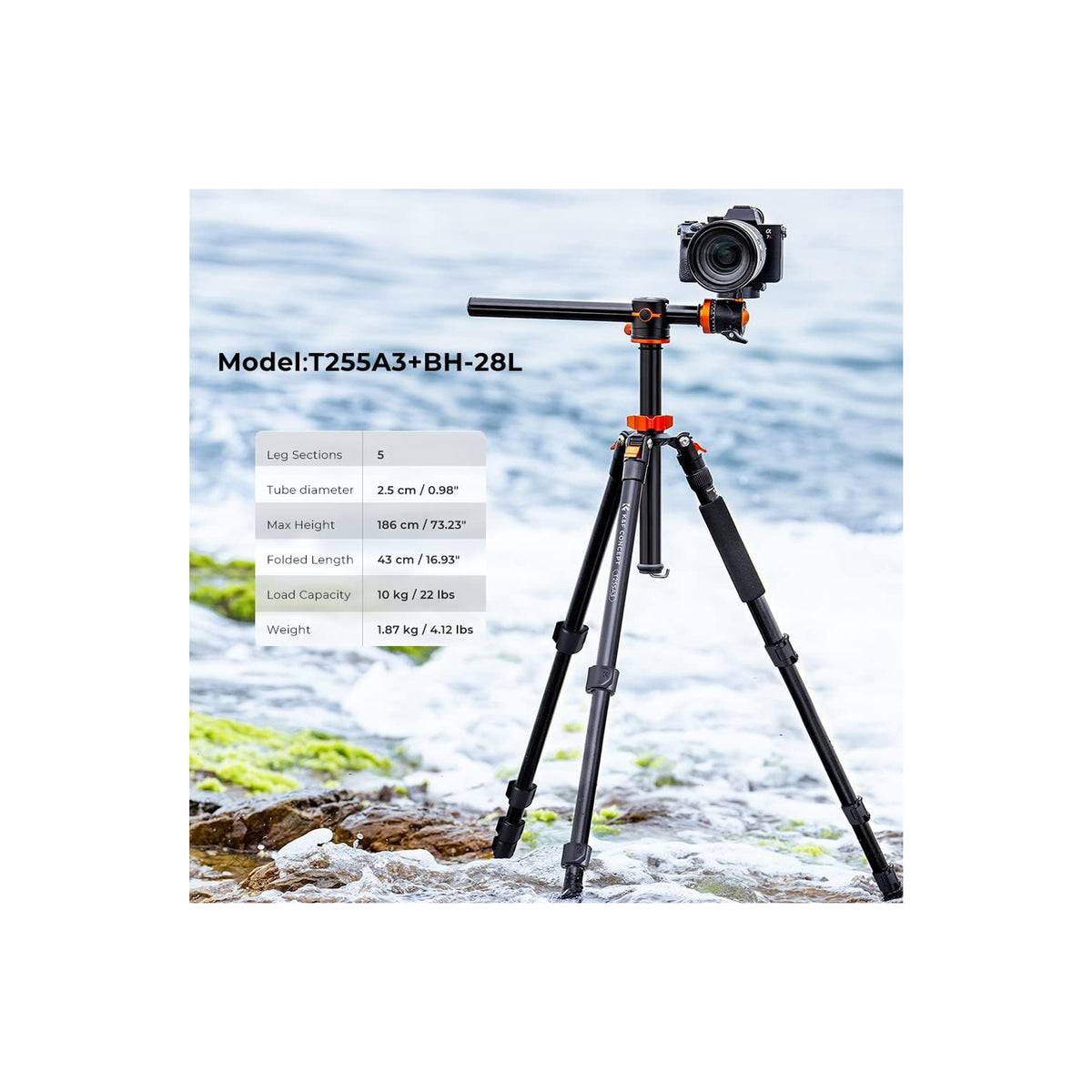 K&F Concept 186cm Aluminum Camera Tripod with 90° Center Column & Monopod – T255A3 (S211)