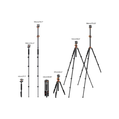 K&F Concept 186cm Aluminum Camera Tripod with 90° Center Column & Monopod – T255A3 (S211)