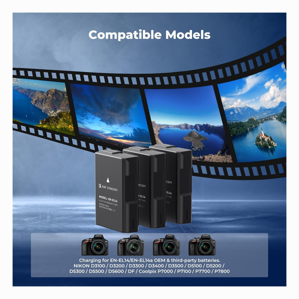 K&F Concept 3-Pack EN-EL14 Battery LCD Charger Compatible with Nikon D5300 D5600 D5100 D5200 D5500 D3100 D3200 D3300 D3400 D3500 Coolpix P7000 P7100 P7200 P7700 P7800 Cameras SKU: KF28.0100