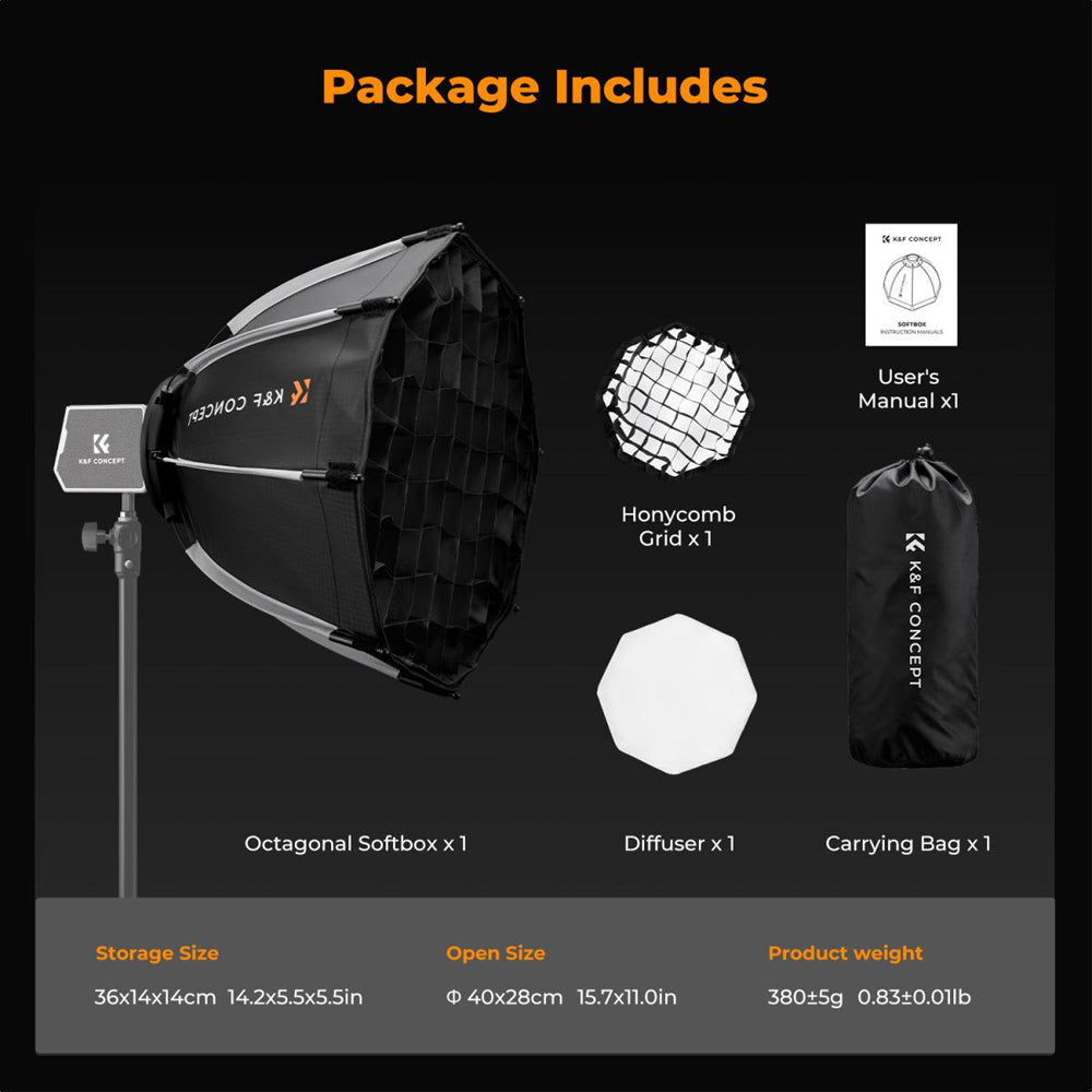 K&F Concept 40cm Mini Octagonal Softbox for PL-60B Bowens Mount COB Video Lights-KF18.0013