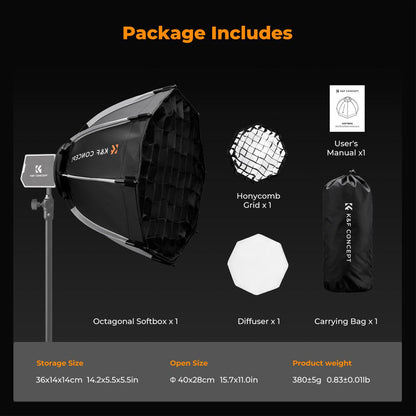 K&F Concept 40cm Mini Octagonal Softbox for PL-60B Bowens Mount COB Video Lights-KF18.0013