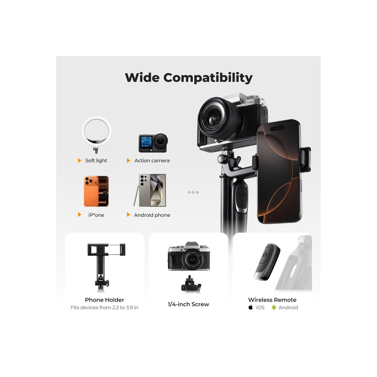 K&F Concept 71" Auto Open Phone Tripod & Selfie Stick – KF15.0030