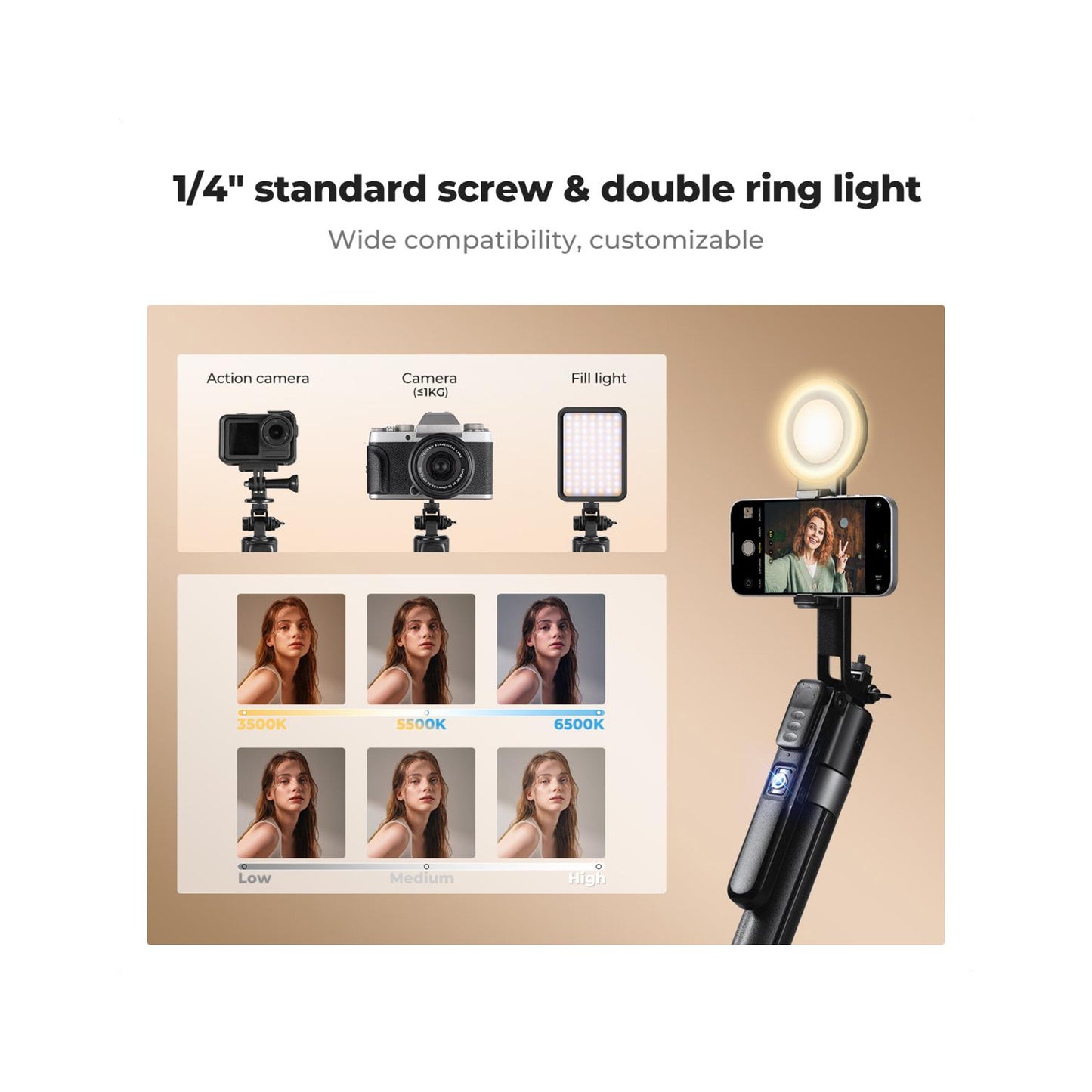 K&F Concept 71″ Smart Face-Tracking Selfie Stick Tripod with Dual Fill Lights – KF15.0006
