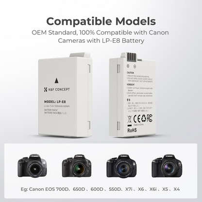 K&F Concept Canon LP-E8 Battery and Charger Set with Dual Slot Charger for Canon EOS 700D 650D 550D X7i X6i X5(KF28.0027)