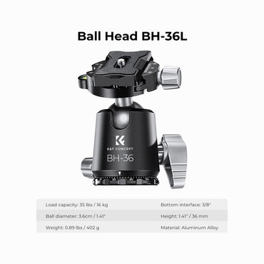K&F Concept Carbon Fiber Tripod Capacity 16KG/35.2lbs with 36mm Metal Ball Head Load X284C4+BH-36 SKU: KF09.117