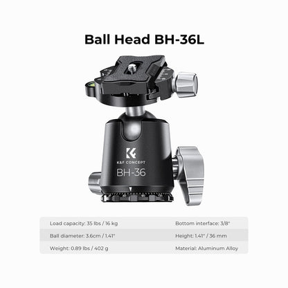 K&F Concept Carbon Fiber Tripod Capacity 16KG/35.2lbs with 36mm Metal Ball Head Load X284C4+BH-36 SKU: KF09.117