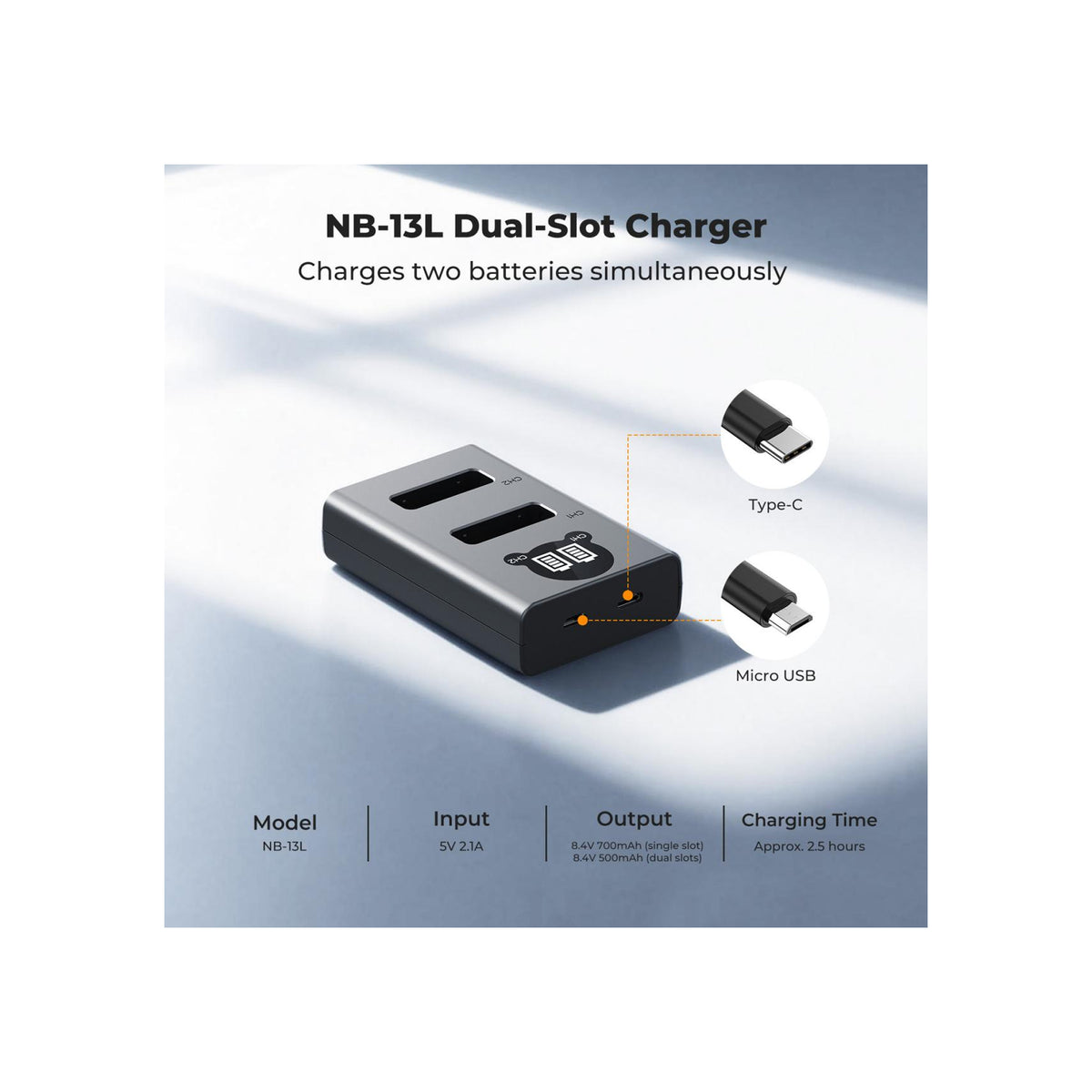 K&F Concept Dual-Slot NB-13L Battery Charger for Canon PowerShot Cameras – KF28.0129