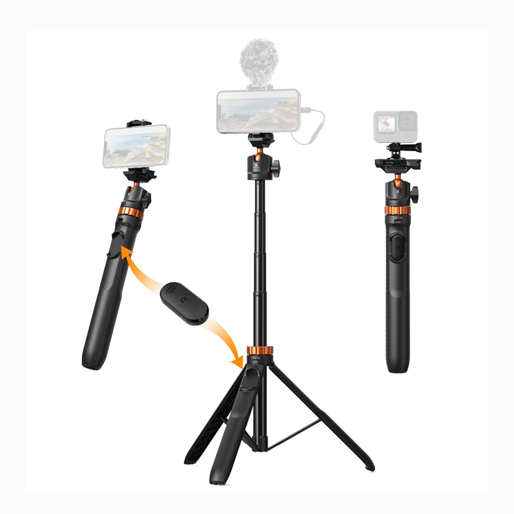 K&F Concept KF09.127V1Tripod Phone Selfie Stick, Black And Orange With Bluetooth Remote Control + Gopro Adapter MS08
