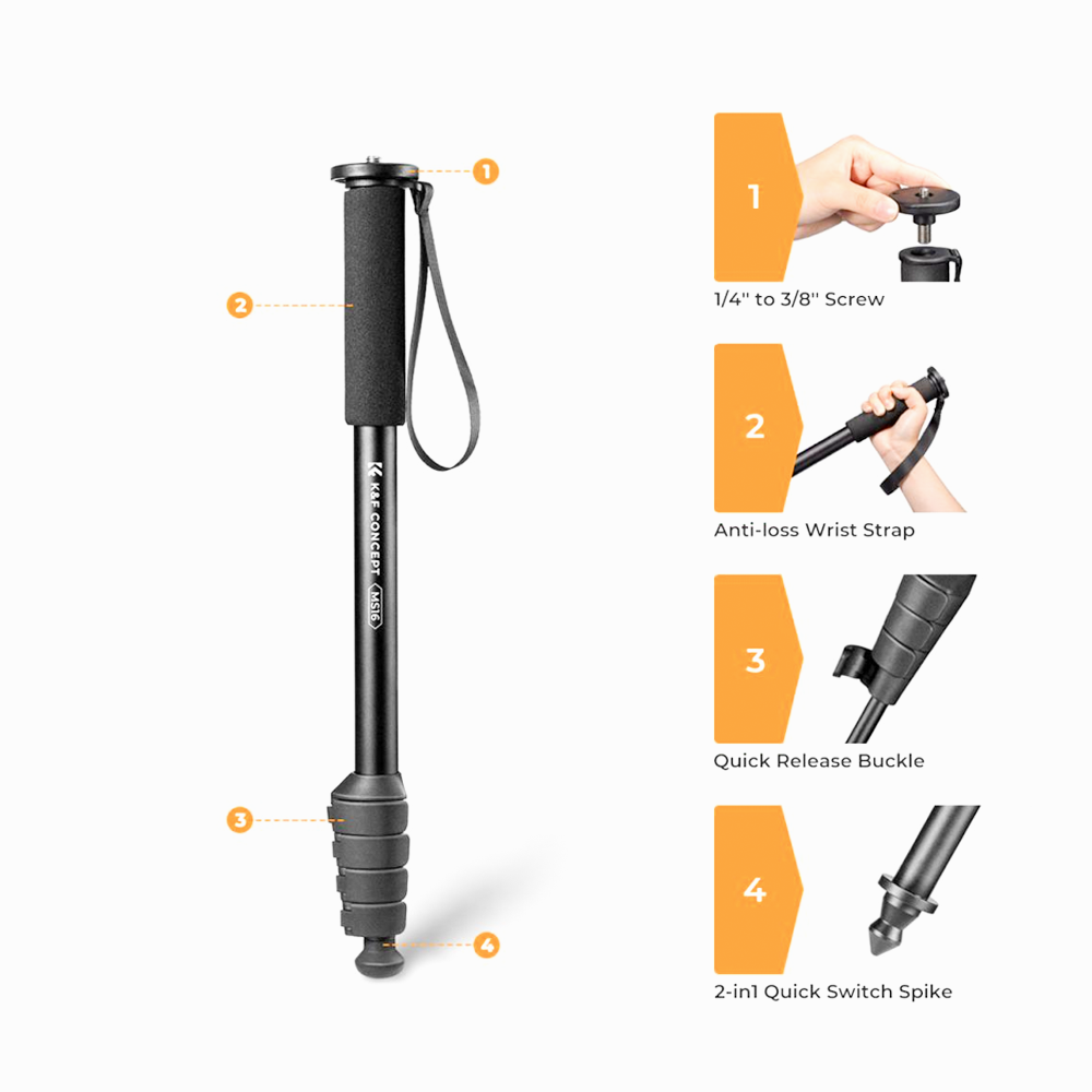 K&F Concept KF09.138V1 Camera Monopod 5-Section Height Aluminum Monopod with Metal and Rubber MS16