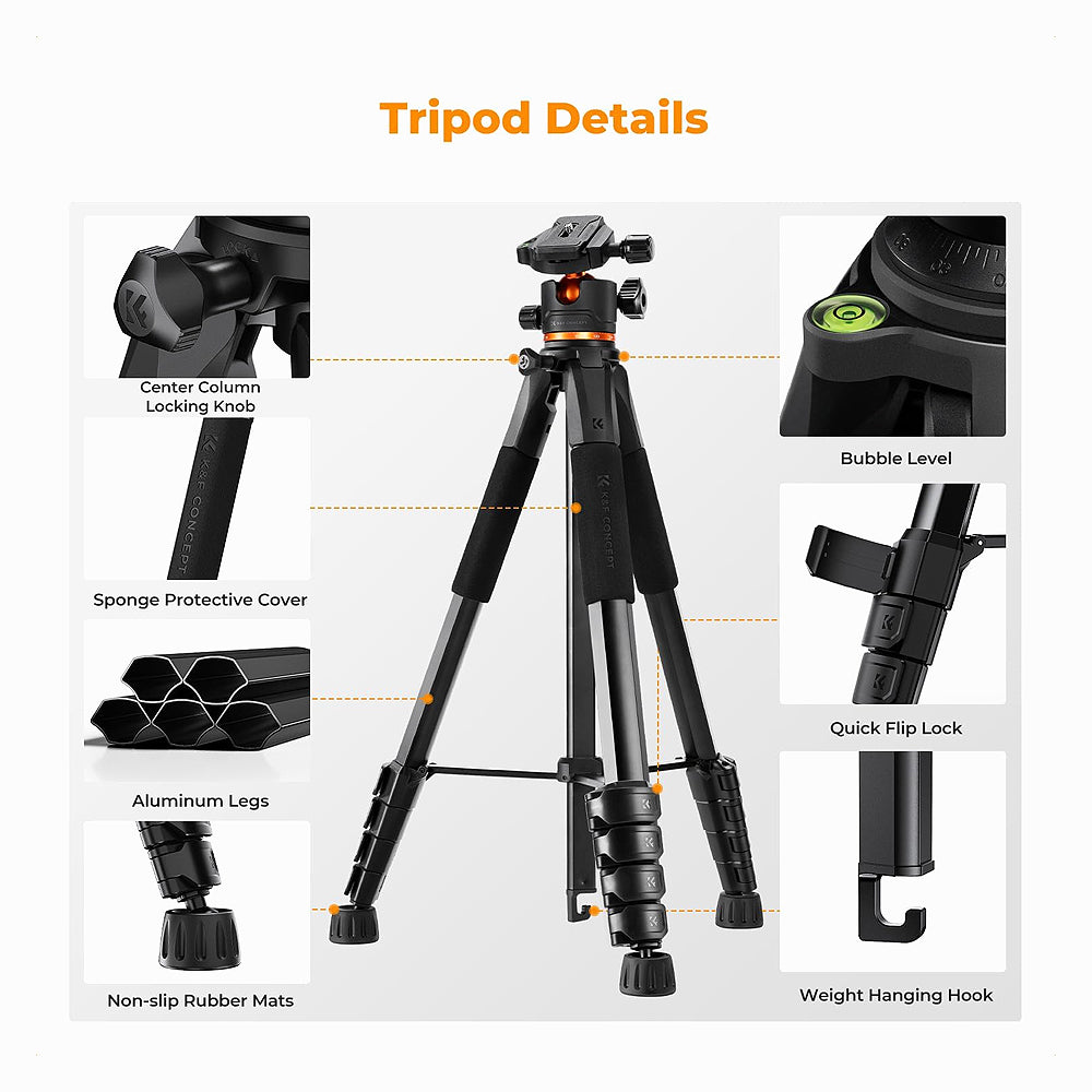 K&F Concept KF09.157 Lightweight Travel Outdoor Tripods Load Capacity 8kg S255A3+BH-36