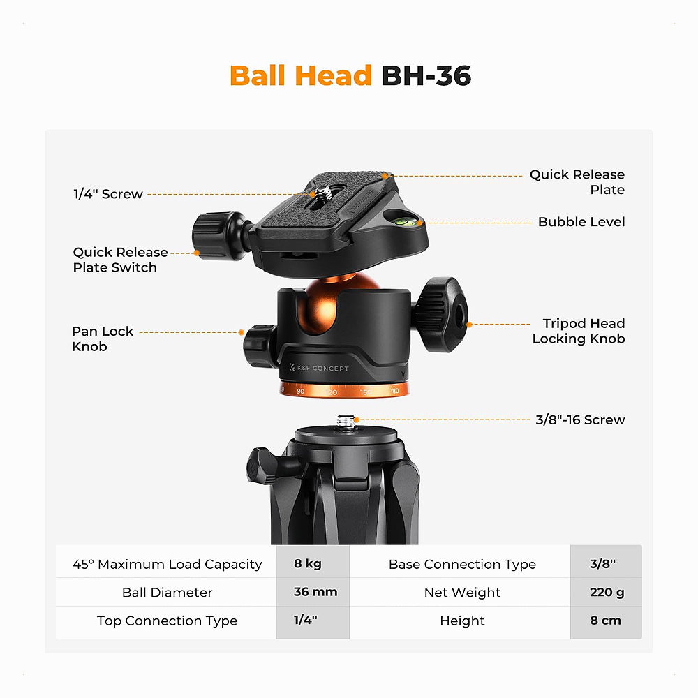 K&F Concept KF09.157 Lightweight Travel Outdoor Tripods Load Capacity 8kg S255A3+BH-36