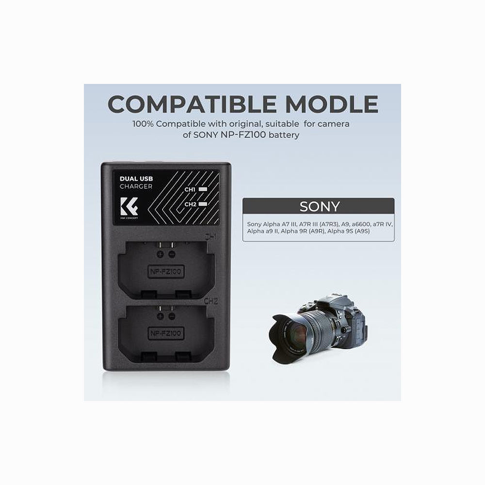 K&F Concept KF28.0096 Dual Slot LCD Fast Charger with USB Type-C Cable for Sony NP-BX1 Battery