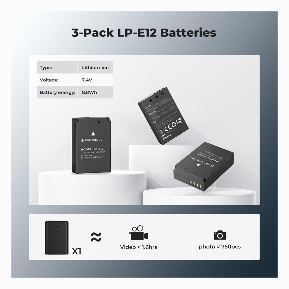 K&F Concept LP-E12 Battery 3-Pack LCD EOS M50 Battery Charger for Canon M50, M50 Mark II, M, M2, M10, M100, M200, Rebel S1, PowerShot SX70 HS Cameras-KF28.0091