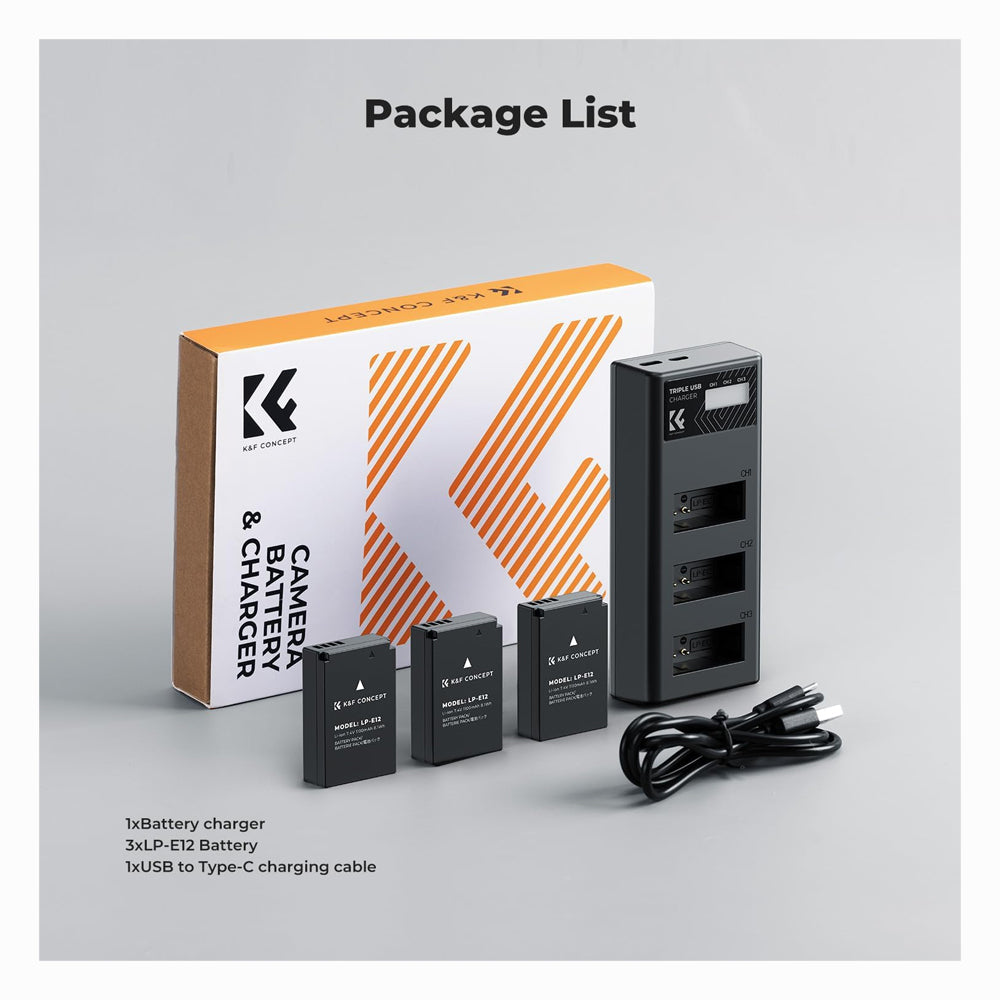 K&F Concept LP-E12 Battery 3-Pack LCD EOS M50 Battery Charger for Canon M50, M50 Mark II, M, M2, M10, M100, M200, Rebel S1, PowerShot SX70 HS Cameras-KF28.0091