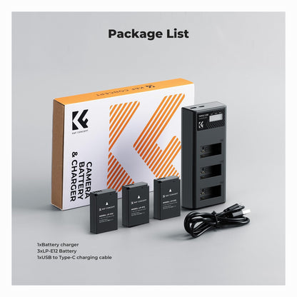 K&F Concept LP-E12 Battery 3-Pack LCD EOS M50 Battery Charger for Canon M50, M50 Mark II, M, M2, M10, M100, M200, Rebel S1, PowerShot SX70 HS Cameras-KF28.0091