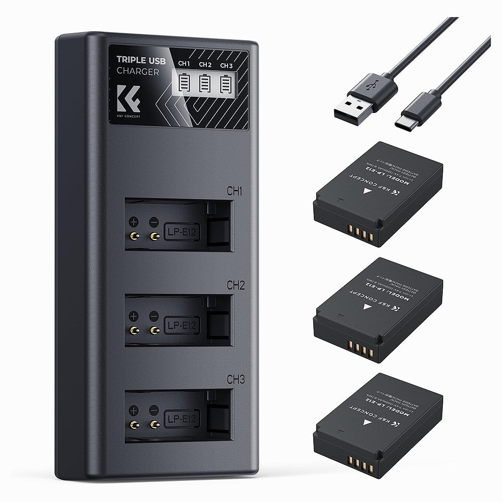 K&F Concept LP-E12 Battery 3-Pack LCD EOS M50 Battery Charger for Canon M50, M50 Mark II, M, M2, M10, M100, M200, Rebel S1, PowerShot SX70 HS Cameras-KF28.0091