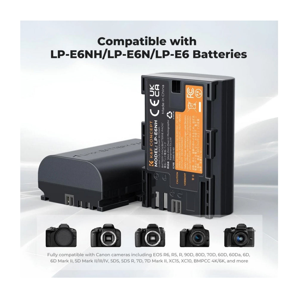 K&F Concept LP-E6NH Replacement Battery and Charger Set, 2 Pack 2600mAh Batteries-KF28.0098
