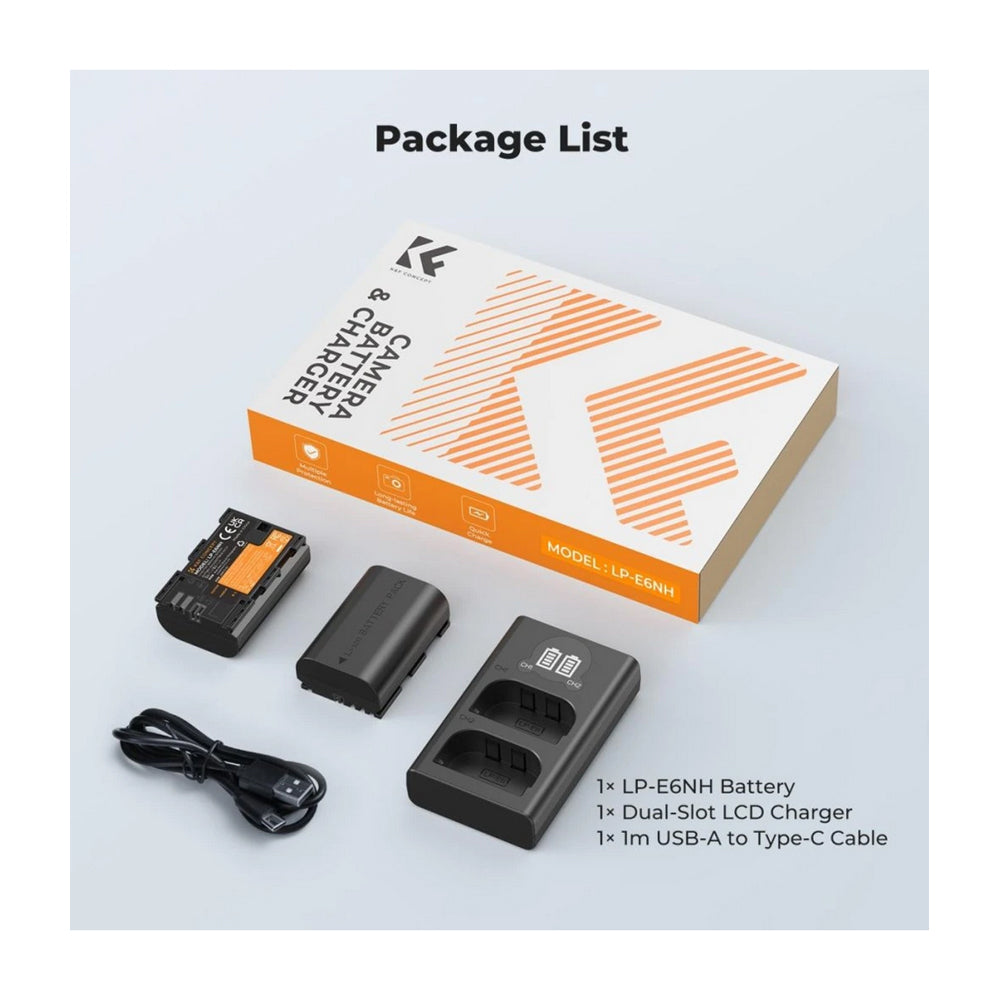 K&F Concept LP-E6NH Replacement Battery and Charger Set, 2 Pack 2600mAh Batteries-KF28.0098