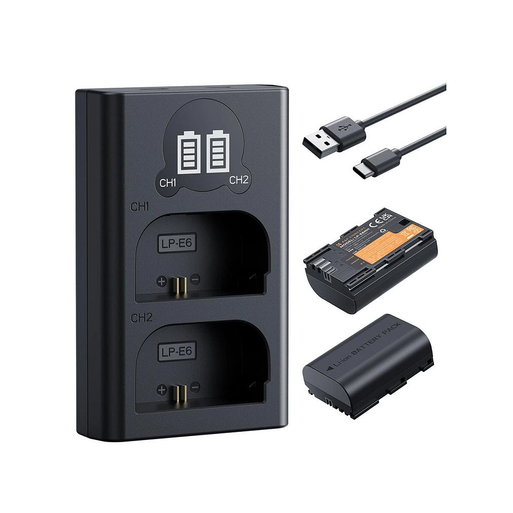 K&F Concept LP-E6NH Replacement Battery and Charger Set, 2 Pack 2600mAh Batteries-KF28.0098