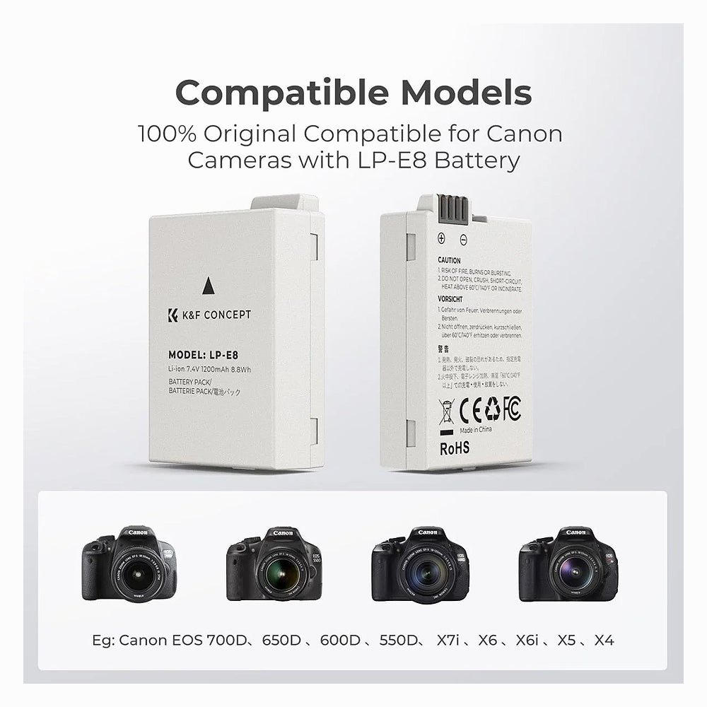 K&F Concept LP-E8 Camera Batteries (3-pack) with 3-slot charger, 1200mAh batteries-KF28.0099