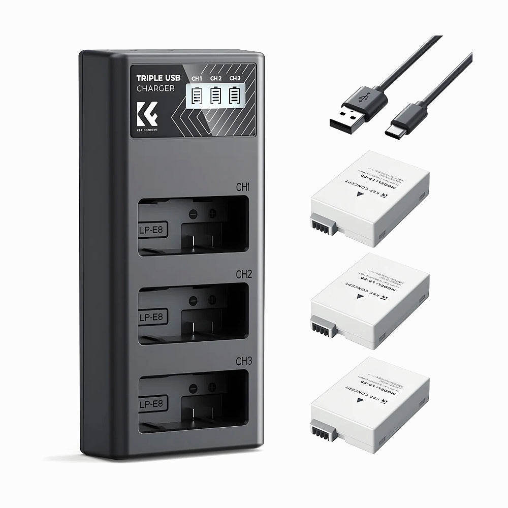 K&F Concept LP-E8 Camera Batteries (3-pack) with 3-slot charger, 1200mAh batteries-KF28.0099