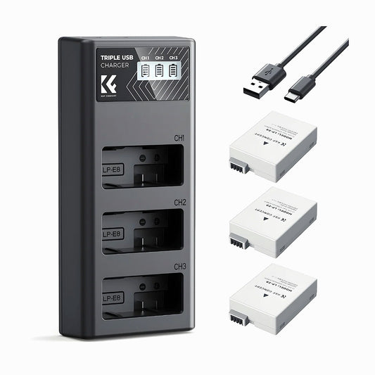 K&F Concept LP-E8 Camera Batteries (3-pack) with 3-slot charger, 1200mAh batteries-KF28.0099