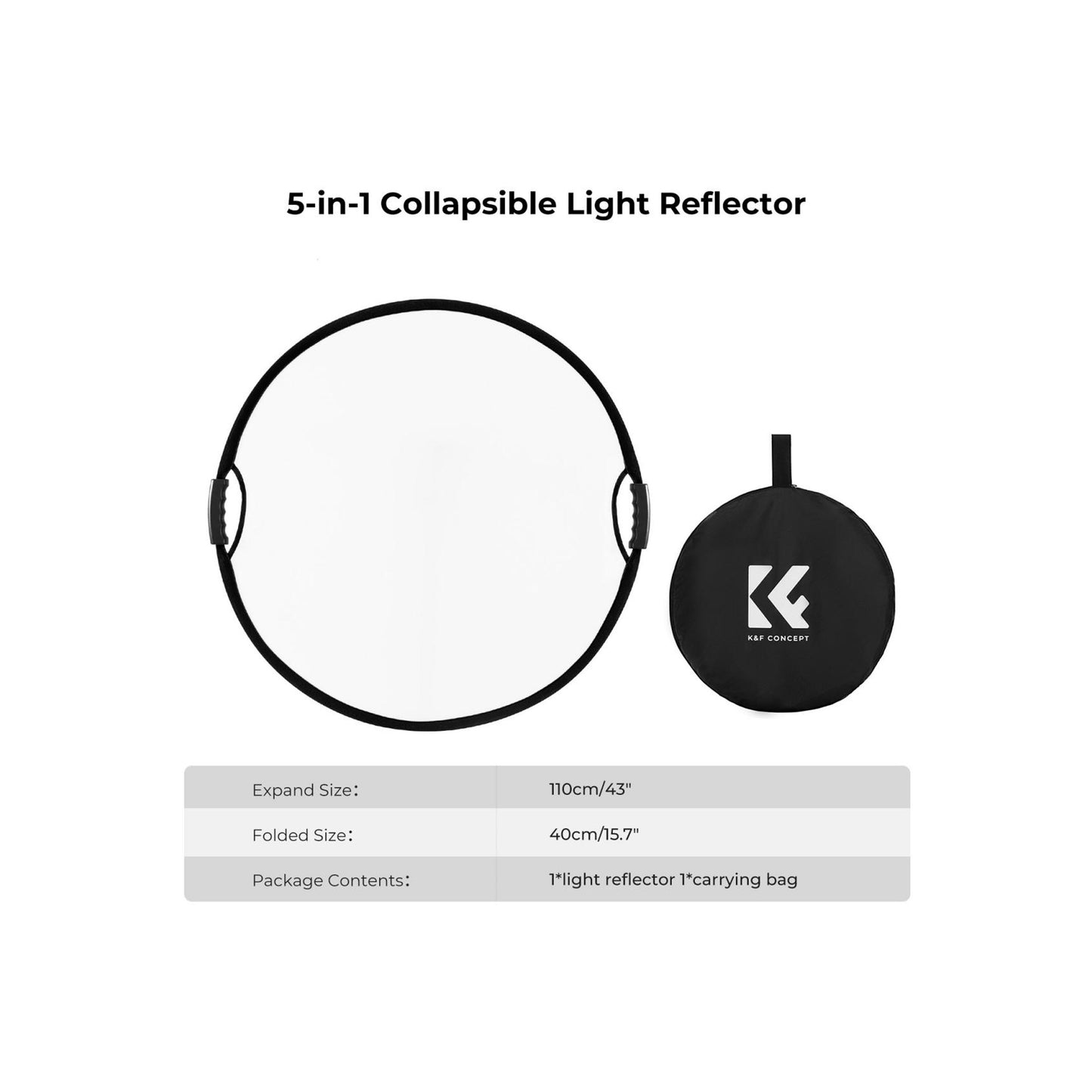 K&F Concept 43" (110cm) 5-in-1 Collapsible Photography Reflector with Grips – KF18.0006