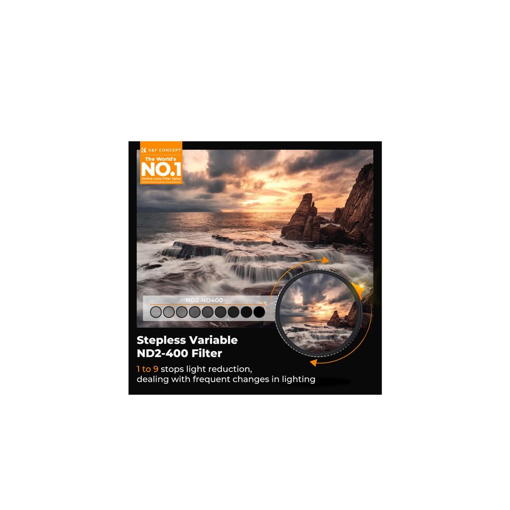K&F Concept  52mm Variable ND Filter ND2-400 (1-9 Stop) Lens Filter Waterproof Scratch Resistant Nano-Xcel Series-KF01.1459