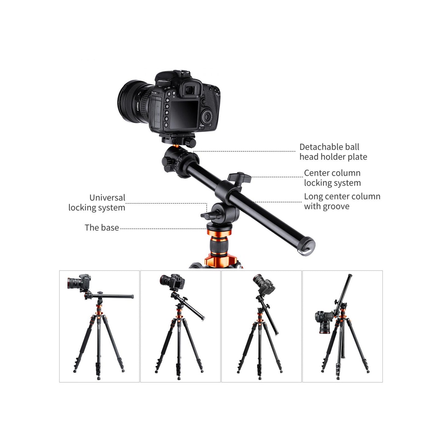 K&F CONCEPT K234A7 Aluminum Tripod + BH-28L Ball Head + S210 Cross Column (KF09.087V6)