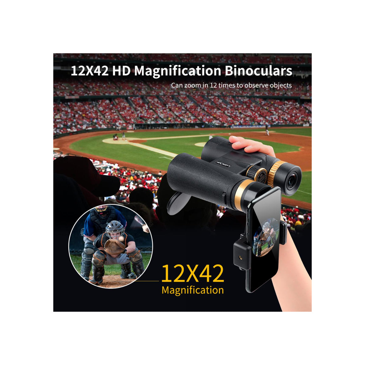 K&F Concept 12x42 HY1242 Waterproof BAK4 Roof Prism Binocular with 5.8 Degree Field of View (KF33.011)