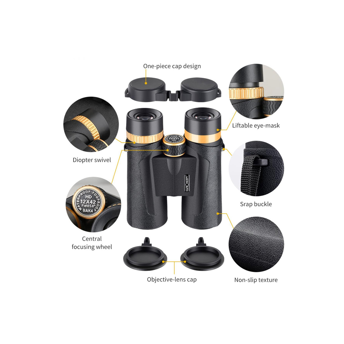 K&F Concept 12x42 HY1242 Waterproof BAK4 Roof Prism Binocular with 5.8 Degree Field of View (KF33.011)