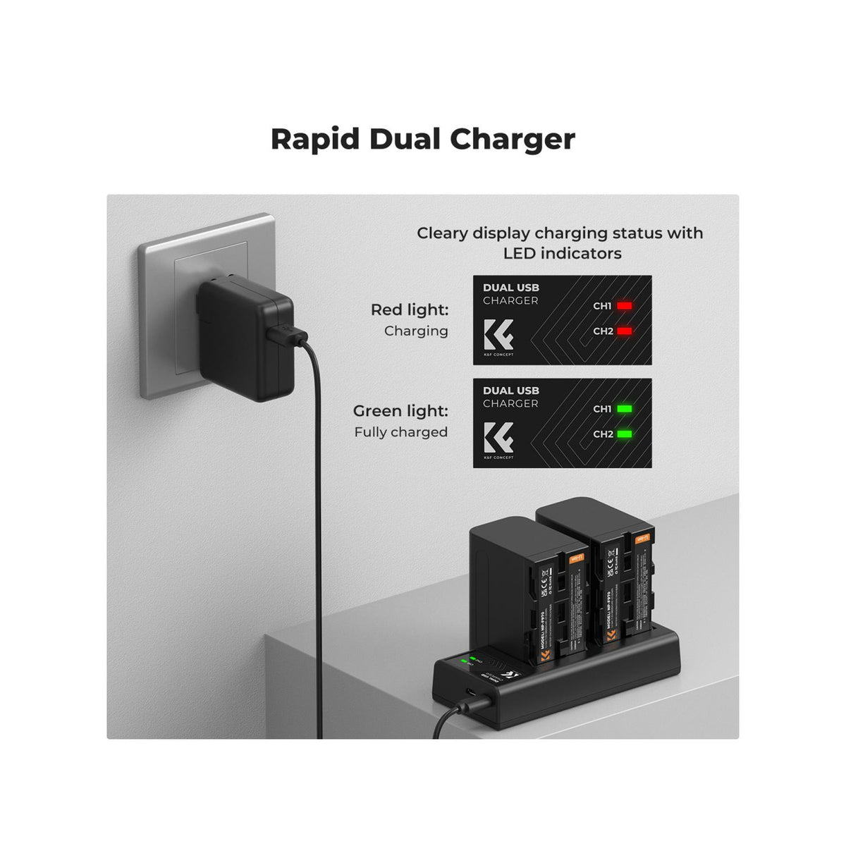 K&F Concept 2 Pack NP-F970 Battery with LED Charger, Compatible with Sony NP-F550 F570 F750 F770 F930 F950 F960 F970, High-Power LED Lights, Monitors, Camera Sliders (KF28.0047)