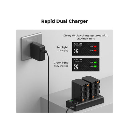 K&F Concept 2 Pack NP-F970 Battery with LED Charger, Compatible with Sony NP-F550 F570 F750 F770 F930 F950 F960 F970, High-Power LED Lights, Monitors, Camera Sliders (KF28.0047)