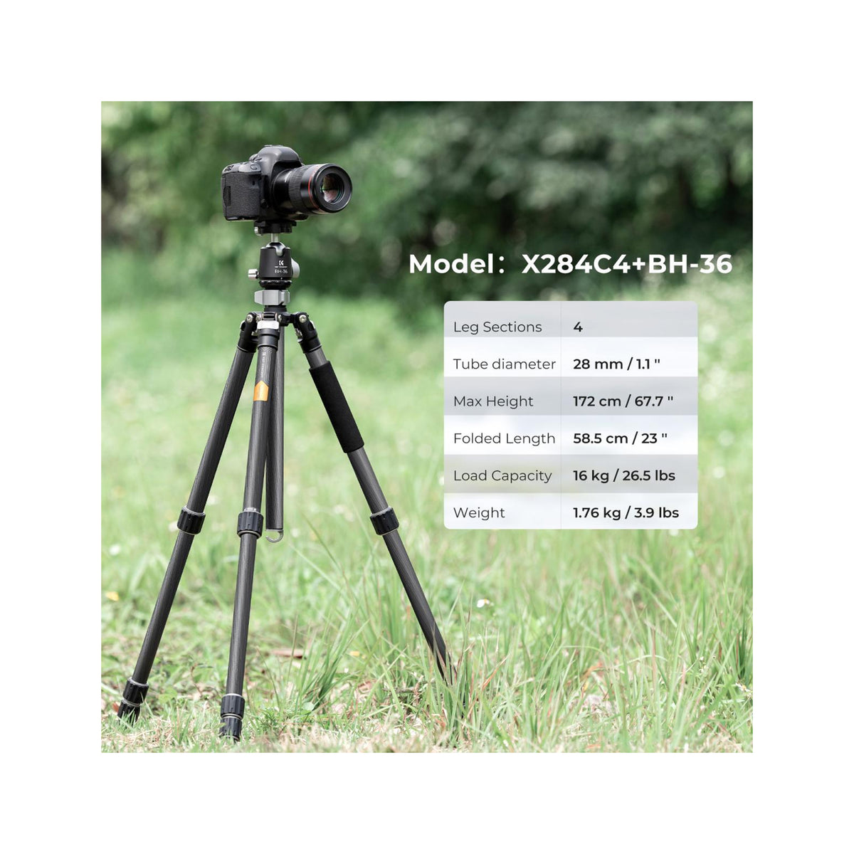 K&F Concept Carbon Fiber Tripod Capacity 16KG/35.2lbs with 36mm Metal Ball Head Load X284C4+BH-36 SKU: KF09.117