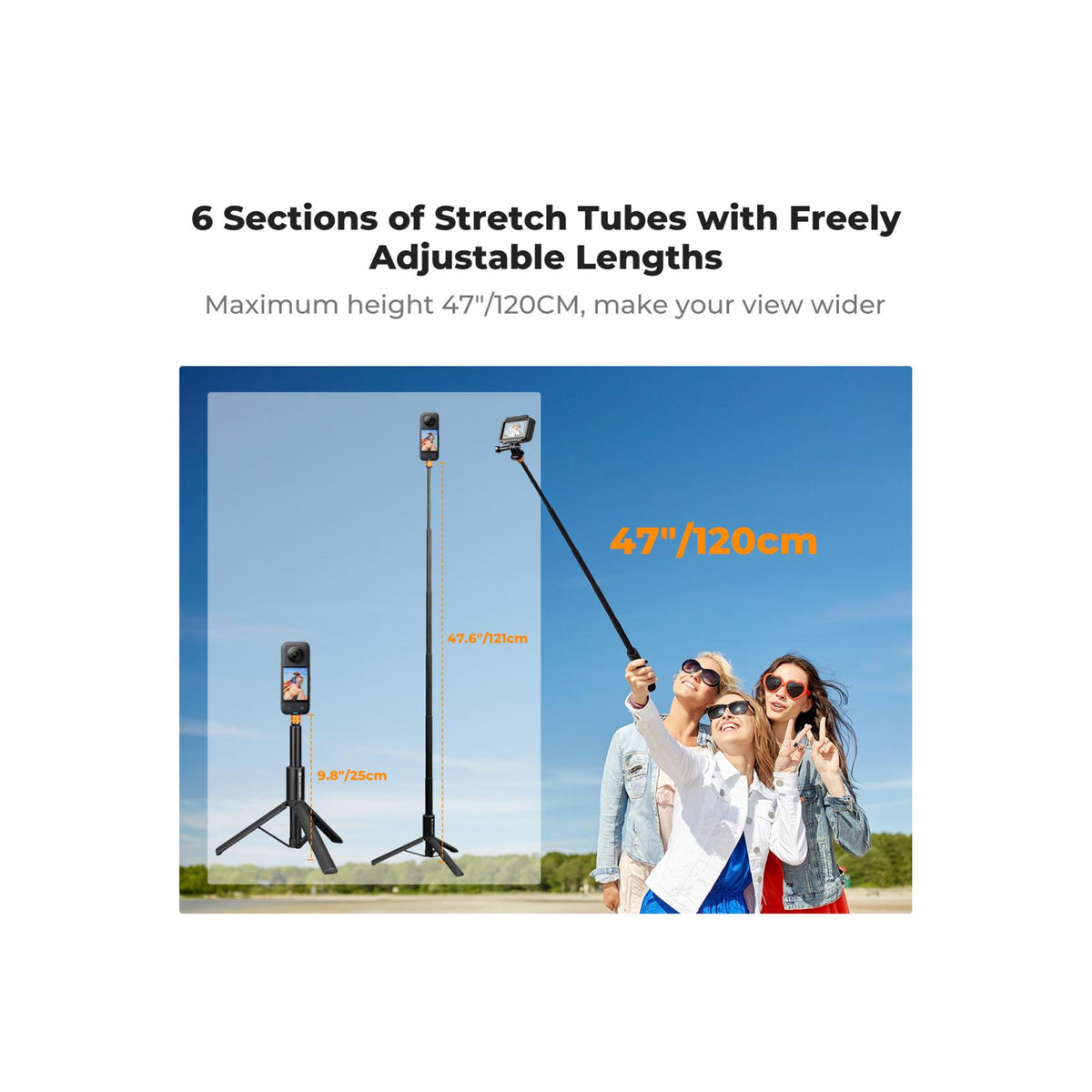 K&F Concept Invisible Selfie Stick, Extension Long Pole（120cm) for Insta360 Camera (KF09.141)