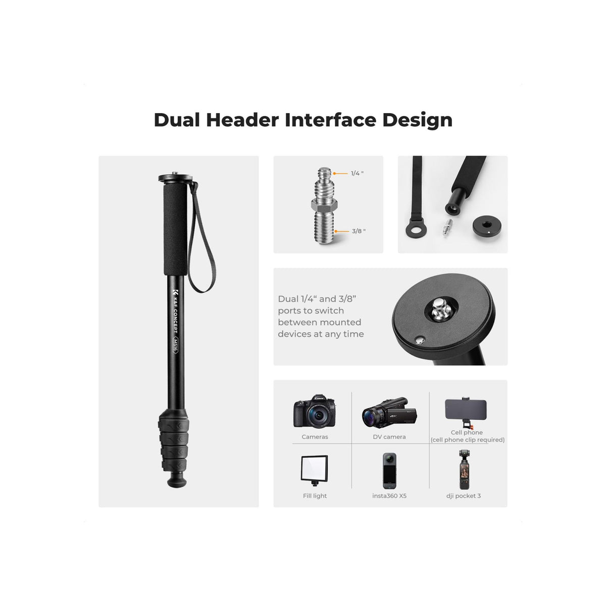 K&F Concept KF09.138V1 Camera Monopod 5-Section Height Aluminum Monopod with Metal and Rubber MS16