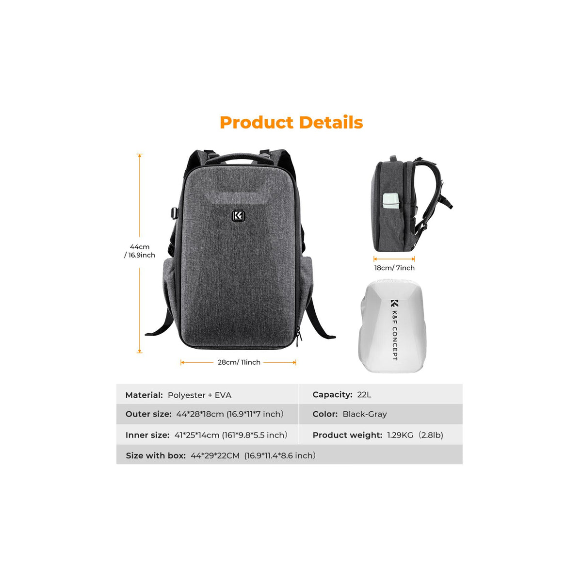 K&F Concept KF13.134V4 Grey Camera Backpack Bag 22L