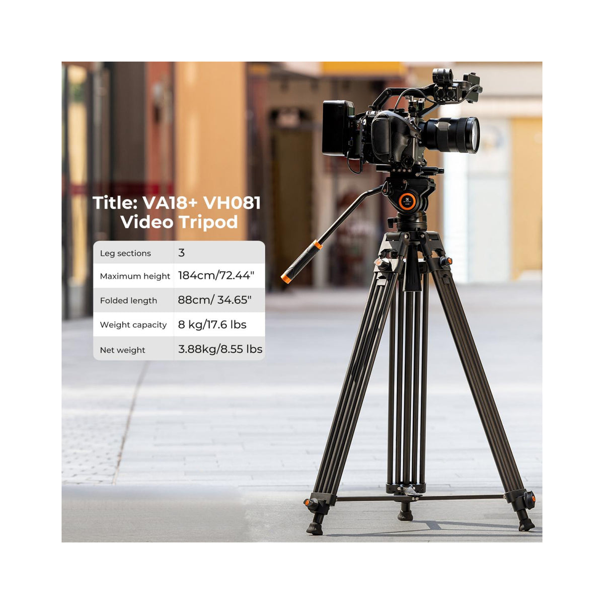 K&F Concept VA18 + VH081 Aluminum Alloy K&F Camera Video Tripod with Panorama Fluid Hydraulic Billhead (KF09.121)