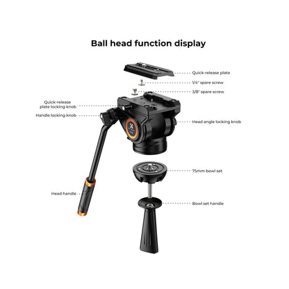 K&F Concept VA18 + VH081 Aluminum Alloy K&F Camera Video Tripod with Panorama Fluid Hydraulic Billhead (KF09.121)