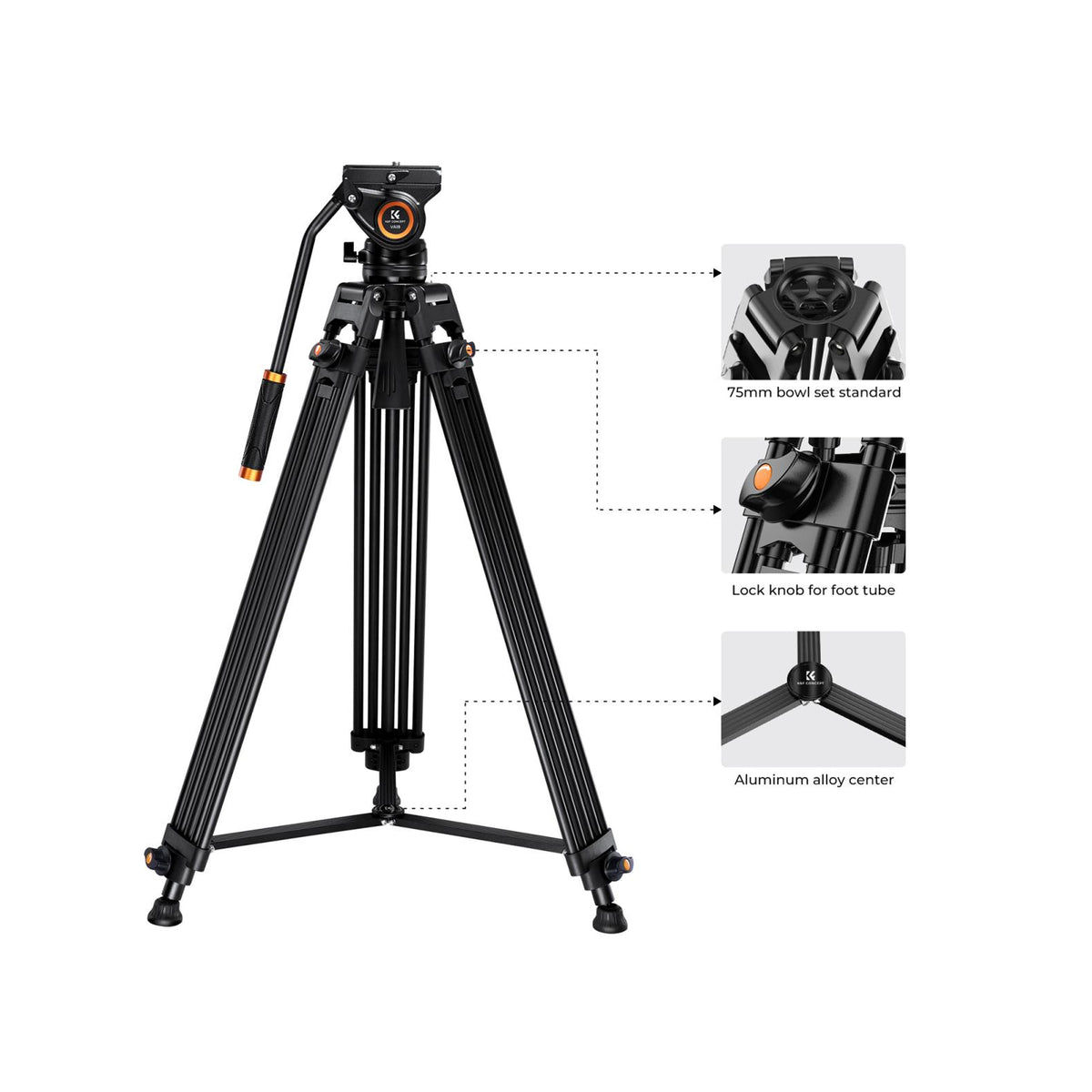 K&F Concept VA18 + VH081 Aluminum Alloy K&F Camera Video Tripod with Panorama Fluid Hydraulic Billhead (KF09.121)