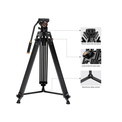 K&F Concept VA18 + VH081 Aluminum Alloy K&F Camera Video Tripod with Panorama Fluid Hydraulic Billhead (KF09.121)