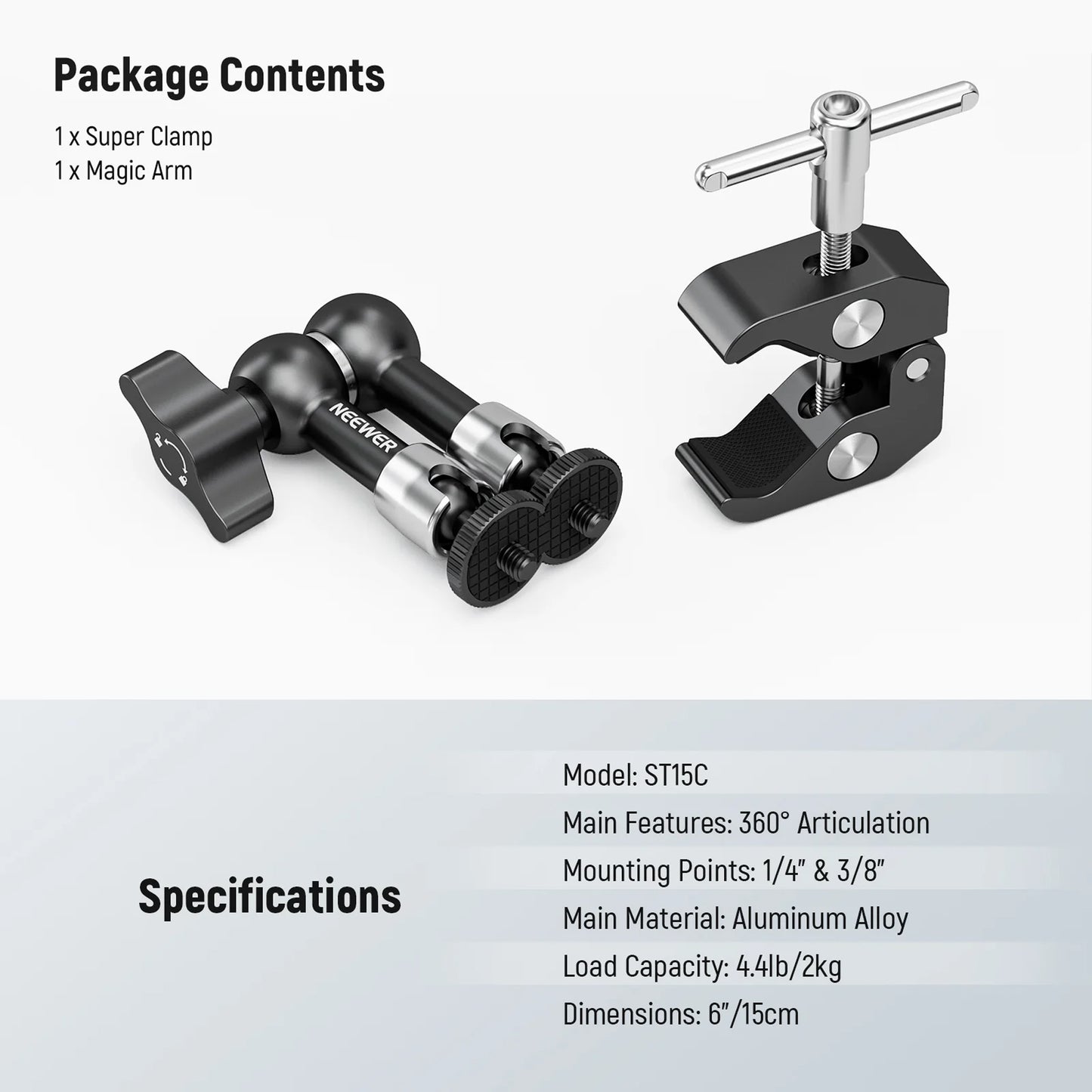 NEEWER 11-inch Articulating Magic Arm Clamp Mount with Super Clamp, Camera Monitor Mount with 1/4" 3/8" ARRI Locating Pins & Holes for DSLR Action Camera Video Light ST16C