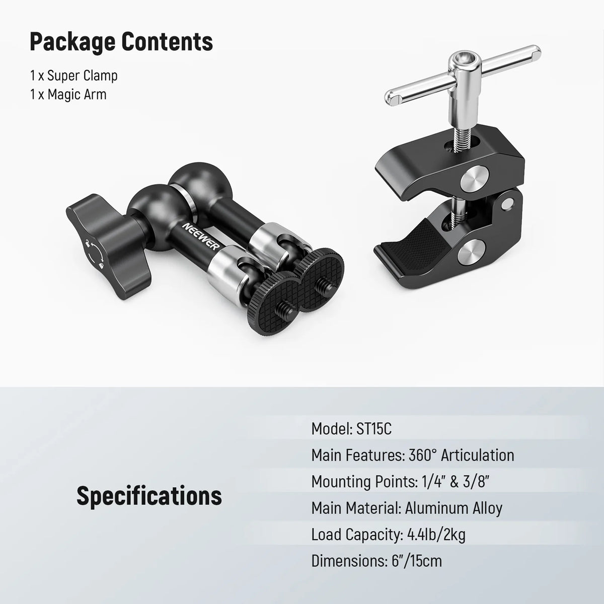 NEEWER 11-inch Articulating Magic Arm Clamp Mount with Super Clamp, Camera Monitor Mount with 1/4" 3/8" ARRI Locating Pins & Holes for DSLR Action Camera Video Light ST16C