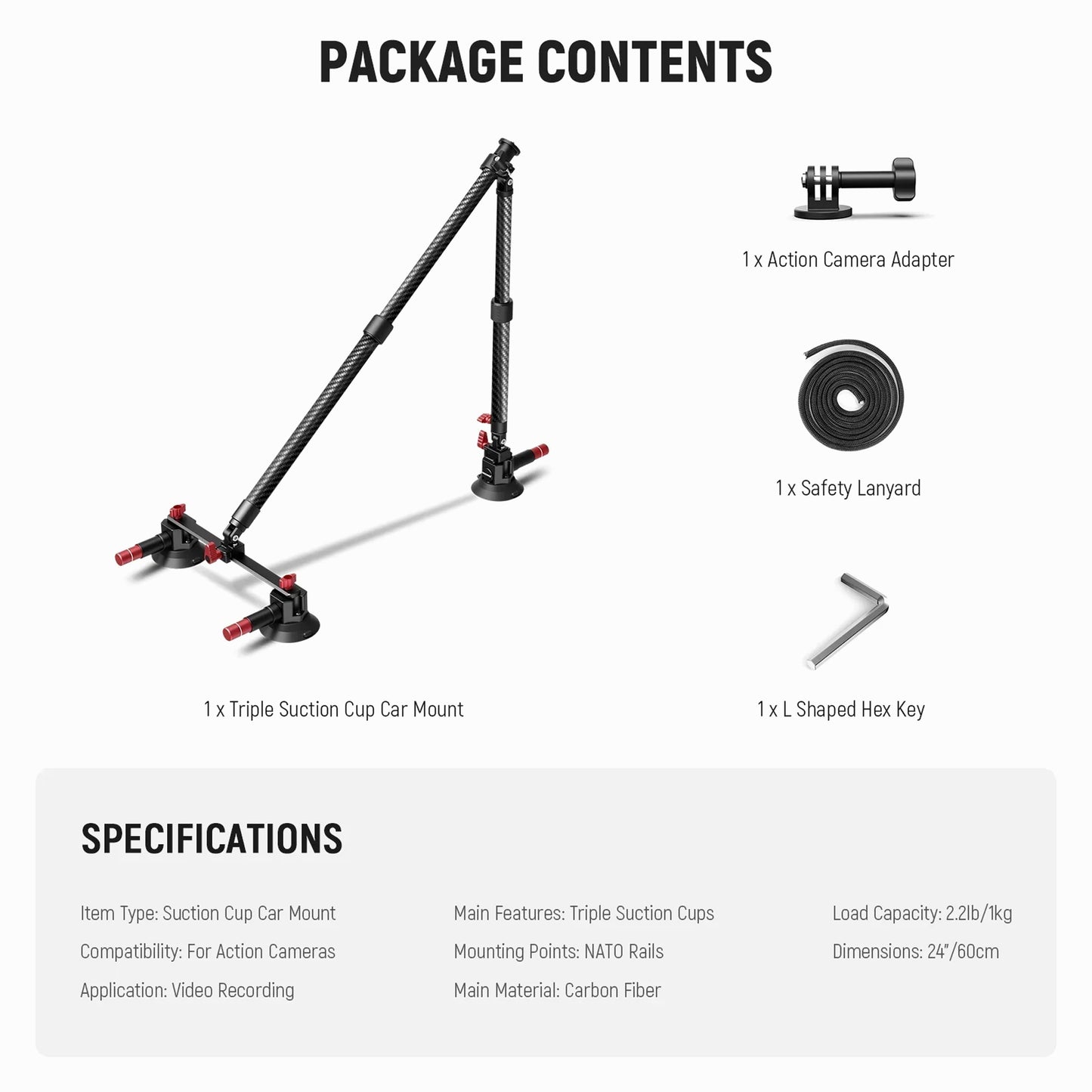 NEEWER CA136 Triple Suction Cup Extension Pole Car Mount Kit