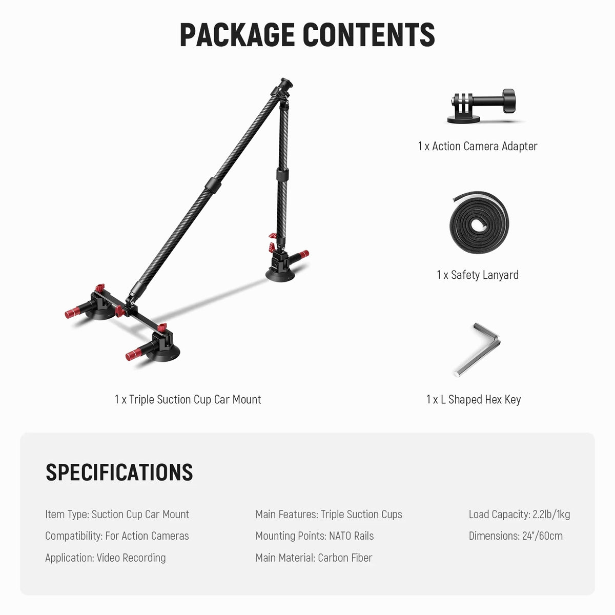 NEEWER CA136 Triple Suction Cup Extension Pole Car Mount Kit
