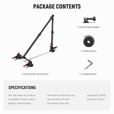 NEEWER CA136 Triple Suction Cup Extension Pole Car Mount Kit