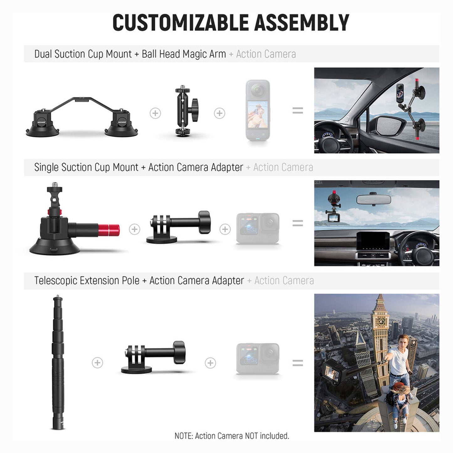 NEEWER CA136 Triple Suction Cup Extension Pole Car Mount Kit